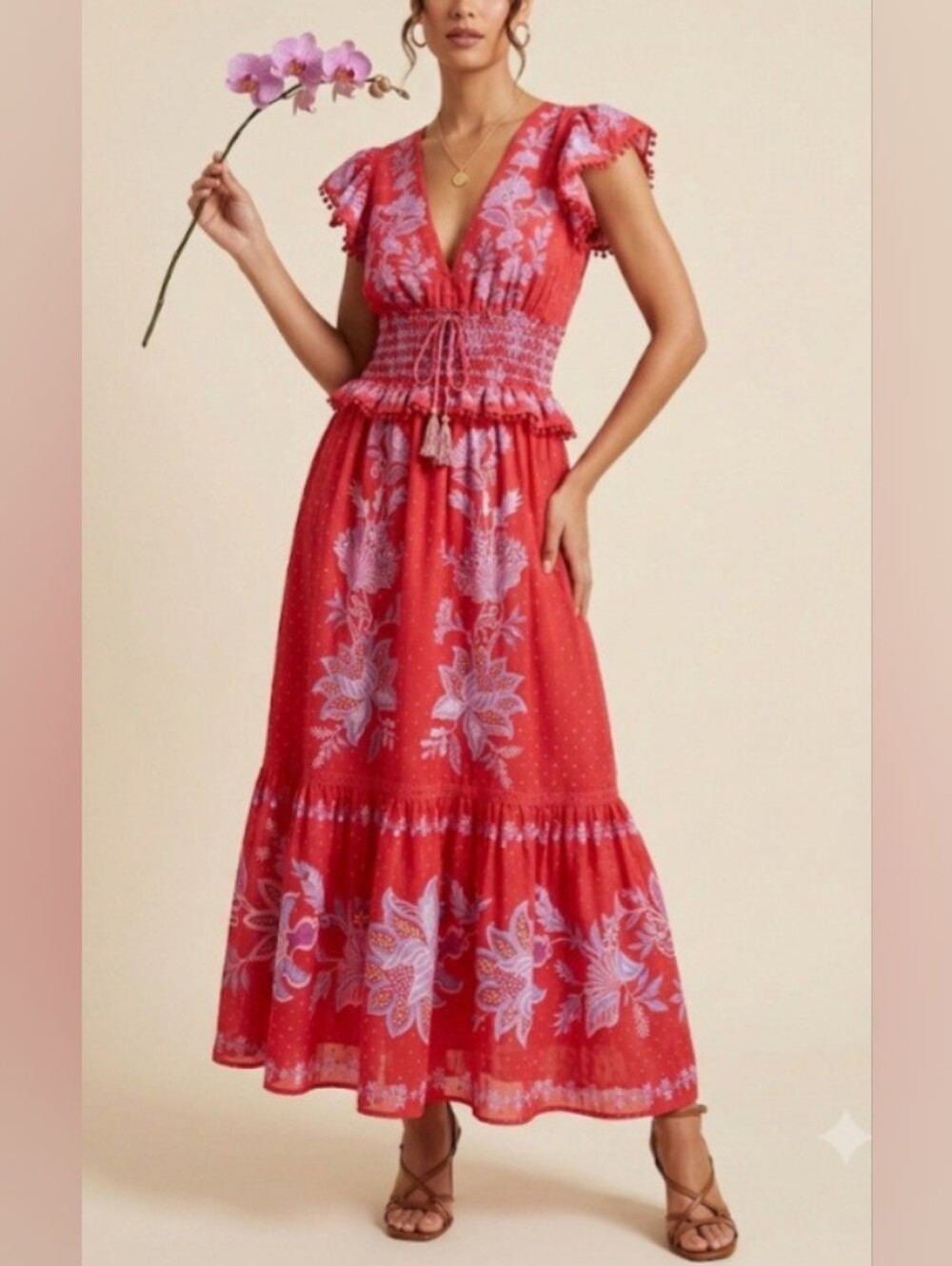 FARM Rio Red Olivia Swiss Dot Floral Lace Maxi Dress Size S